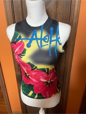 Miss Sixty Black Tank with Pink Hibiscus and Blue Script 
Rare , Vintage